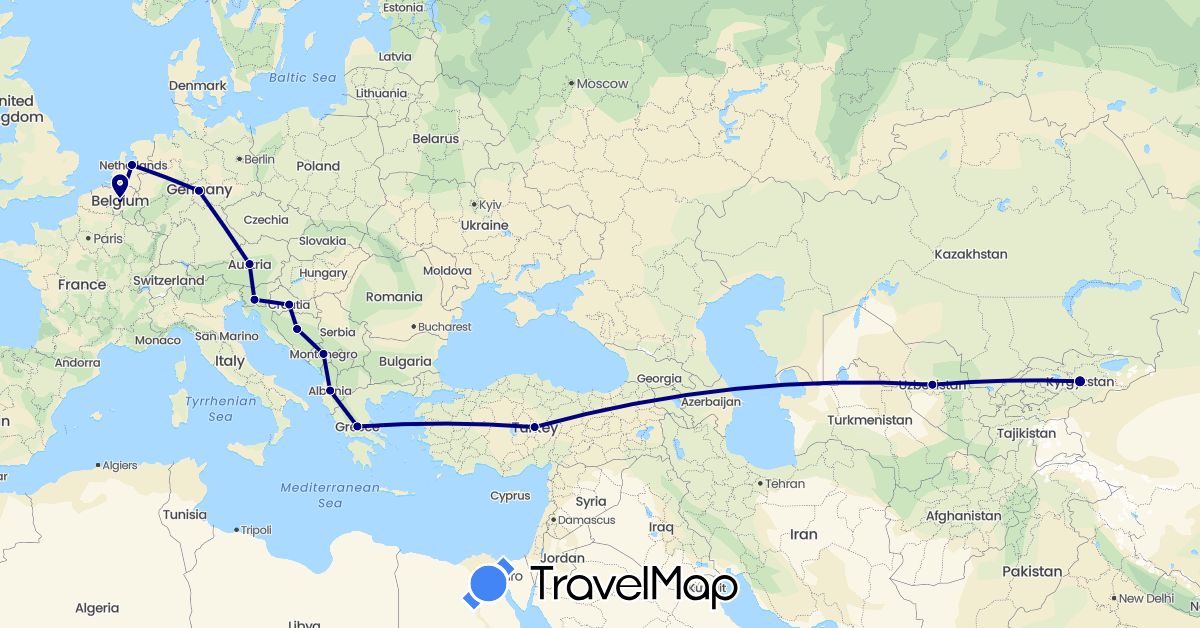 TravelMap itinerary: driving in Albania, Austria, Bosnia and Herzegovina, Belgium, Germany, Greece, Croatia, Kyrgyzstan, Montenegro, Netherlands, Slovenia, Turkey, Uzbekistan (Asia, Europe)